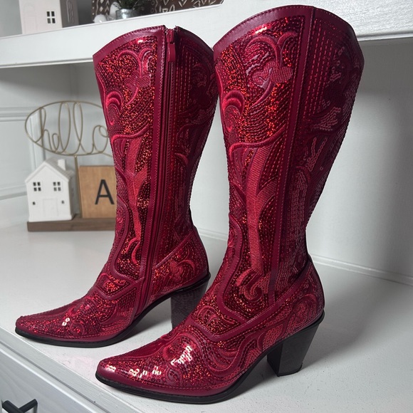 Helens Heart Shoes - **SOLD**Helen’s Heart Red Sequin Western Boots Women’s Size 7 | Sparkly Cowgirl